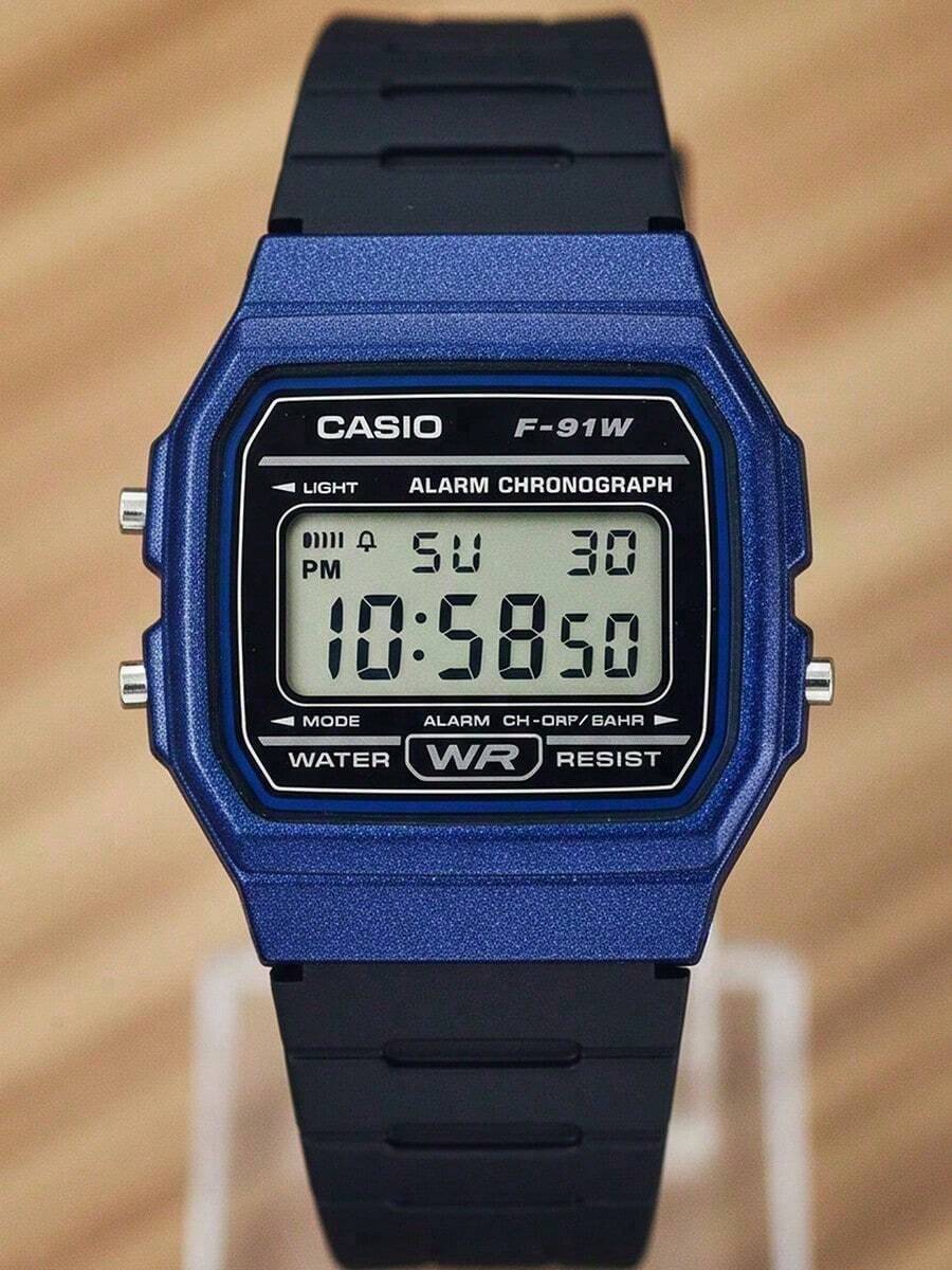 Casio Men's Retro Metal Blue Digital Watch, Classic Square Case With Black Resin Strap, Sports Alarm Chronograph Function F-91WM-2A - Blue - View 1