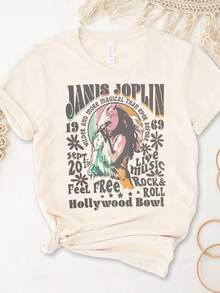 1pcs Women's Crew Neck Apricot T-Shirt Vintage Janiss Joplin Live Music Rock And Roll Hollywoodd Bowl Graphic Print Short Sleeve Summer Breathable Cotton Tee Ideal For Daily Wear Family Gatherings Summer Trips And Festive Occasions - Màu be - Xem 2