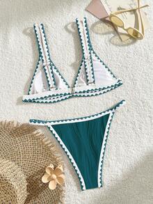 Bikinx 女士性感压纹露背比基尼套装，撞色滚边，凸显性感臀部线条，高弹力细肩带泳装，适合夏季海滩度假。 - 水鴨藍 - 查看 4