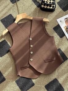 Cardigan Delgado para mujeres Chaleco sin mangas de cuello en V tejido para mujer. Estilo vintage francés veraniego. Silueta estilizada. Dobladillo irregular único y distintivo. Prenda exclusiva y distintiva. - Café integral - Ver 2