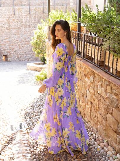 Faeriesty Printed Elegant Women's Formal Evening Dress, Square Neckline, Lantern Sleeves, A-Line Dress - Timeless Vintage Style Design, Suitable For Weddings, Galas, Awards Ceremonies, Charity Balls, And Business Dinners. Spring Party