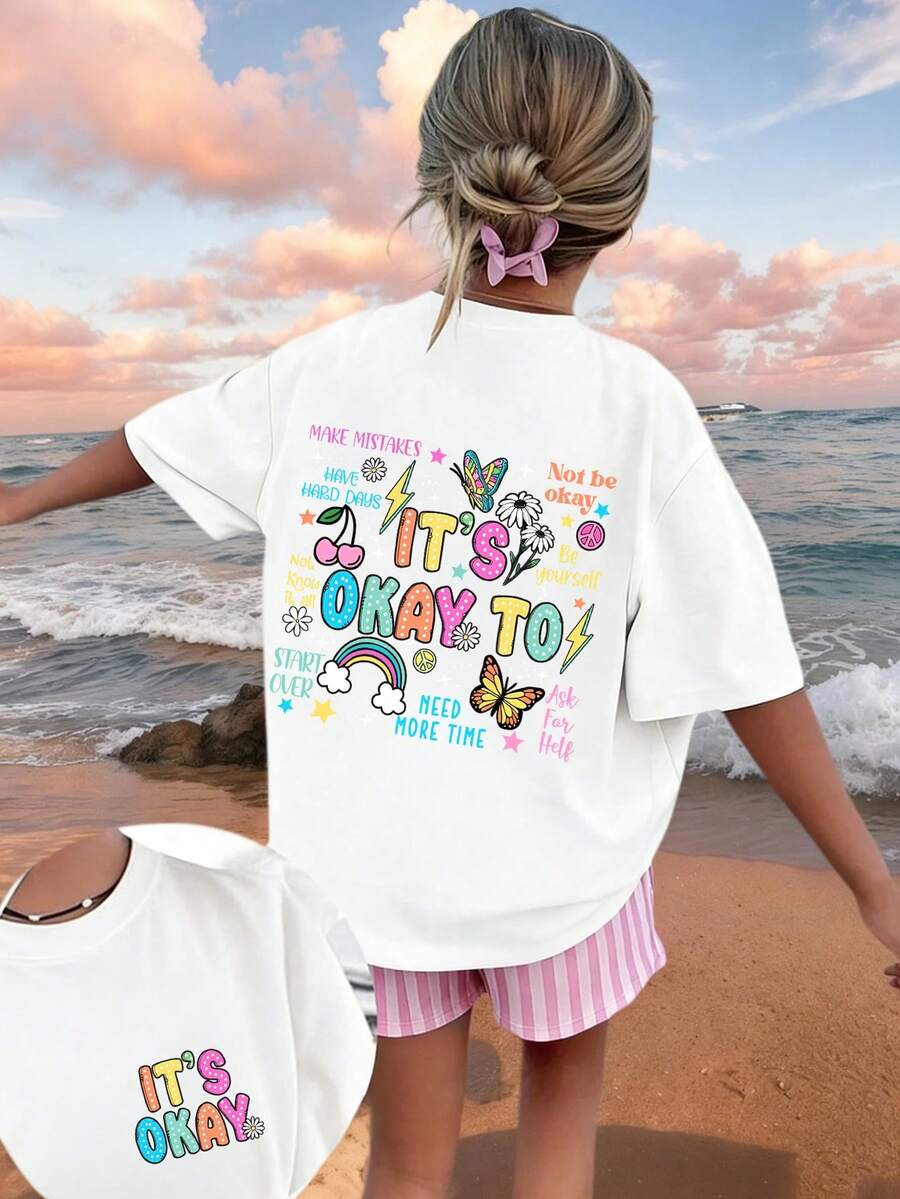 Camiseta de manga corta con estampado novedoso y cuello redondo para niñas preadolescentes, estilo informal de verano - Blanco - Ver 1