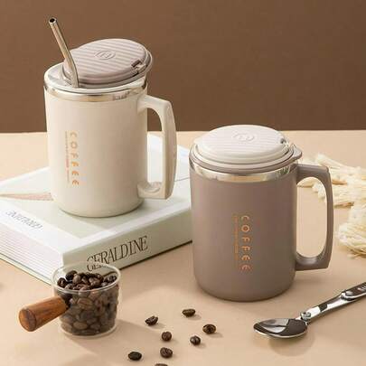 1pc 480ML Double Layer Thermal Insulation Water Cup With Straw & Folding Spoon, Leak-Proof 304 Stainless Steel Insulated Tea Milk Coffee Mug Drinkware, Portable Spill-Proof Drinking Cup With Lid & Handle, Suitable For Student & Adult, Use In Home, Office, School, Travel, Camping, And Picnic