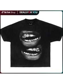 Maglietta casual Grin Fang Mouth [100% cotone], tinta in capo, vestibilità squadrata - nero - Visualizzare 1