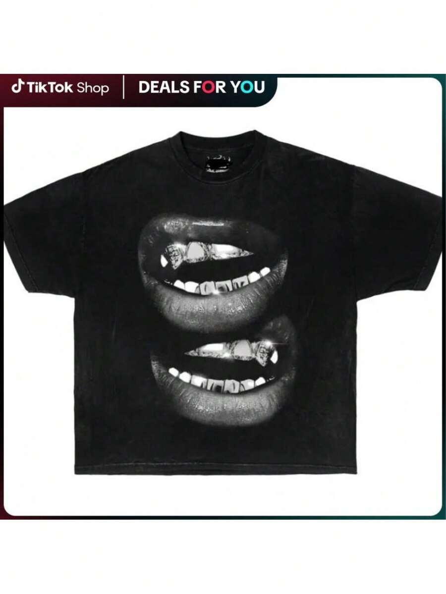 Maglietta casual Grin Fang Mouth [100% cotone], tinta in capo, vestibilità squadrata - nero - Visualizzare 1