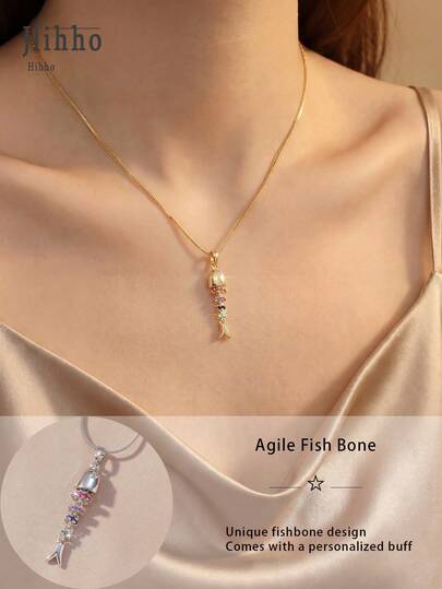 Hihho 1件可活动彩色鱼骨项链，在光线下闪闪发光，欧美风格鱼骨吊坠项链，色彩缤纷，闪耀夺目，百搭时尚。