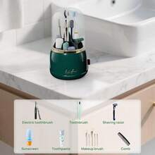 Rotating Toothbrush Holder With Cover - 7-Slot Bathroom Organizer For Electric & Manual Brushes, Toothpaste Stand For Vanity, Sink Countertop & Shower Caddy - Dark Green - View 6