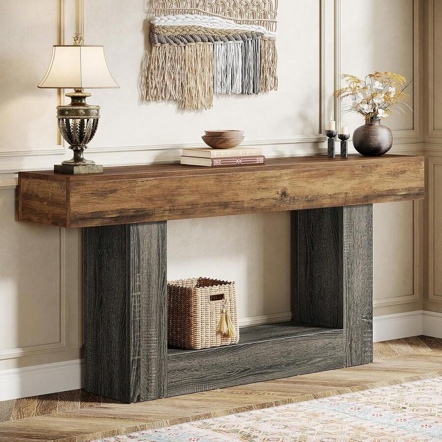 LITTLE TREE 160 Cm Farmhouse Console Table, 2-Tier Narrow Wooden Entryway Sofa Table With U-Shaped Base For Home