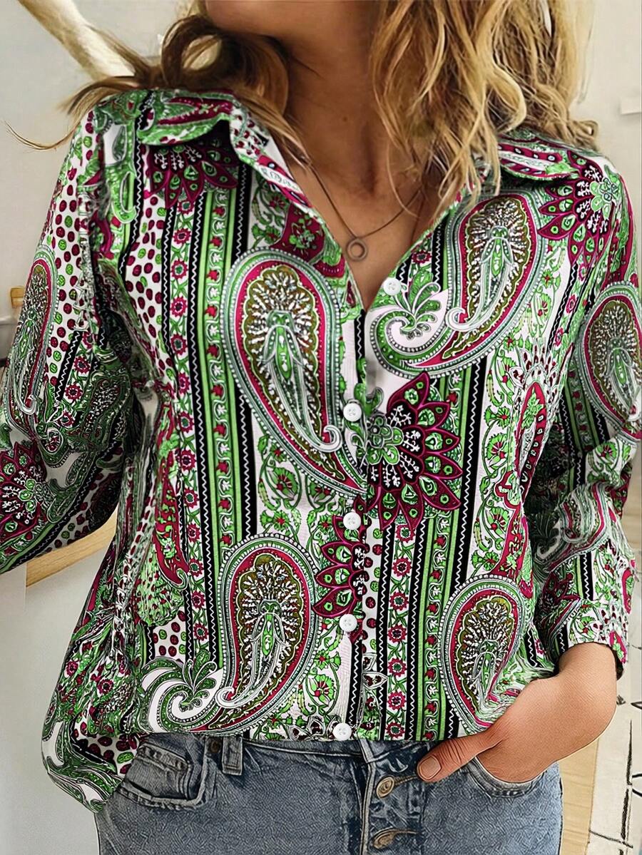 Camisa con botones y estampado, estilo bohemio de manga larga con botones y estampado para vacaciones de primavera, talla grande