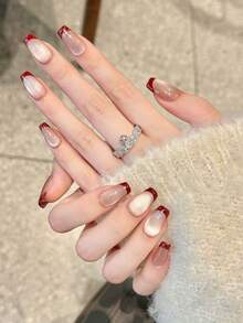 10 piezas de pegatinas de arte de uñas hechas a mano, puntas de uñas de almendra acrílicas desmontables, diseños minimalistas lindos adecuados para festivales, Año Nuevo, San Valentín, fiestas, uñas de temporada Uñas postizas hechas a mano - Burdeos - Ver 13