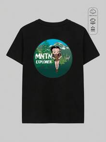 Elourie SHEIN X Betty Boop MNTN Explorer Cartoon Print Short-Sleeve T-Shirt For Women, Summer Loose Fit, Drop Shoulder Style, Unique Design, Oversized, Casual, Versatile, Slimming, Girlish Style, Essential For Everyday Outings, Ribbed Pure Cotton Women's T-Shirt, College Style, New Spring/Summer Sporty Women's Wear, Flowy, Stylish, Soft, And Breathable Short-Sleeve T-Shirt - Black - View 2