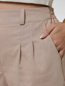 Women's Linen Shorts High Waist With Elastic, Plain Social Tailoring - 米色 - 查看 3