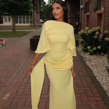 Bright, Elegant, Fashionable, Slim Fit, Party, Street Women's Clothing, Backless, Sexy, Pleated, Loose, Hip Hugging Skirt, One Collar, Tied, Slit Long Dress - 黃色 - 查看 6