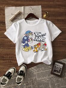 Whysmera SHEIN X Tom & Jerry 女士夏季新款趣味印花复古休闲短袖T恤，百搭实用，适合日常穿着、外出、校园、工作、朋友聚会、约会、休闲旅行等各种场合。 - 白色 - 查看 3