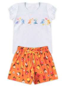 Conjunto Infantil Menina Passarinho Branco Shorts + Blusinha Minitune - Branco - Visão 1
