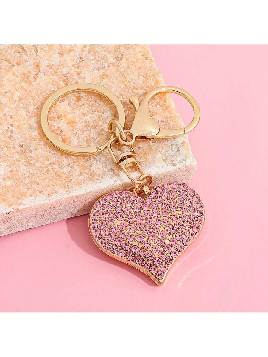 1个优雅粉色水钻心形钥匙扣 | 锌合金和铁合金吊坠，适合装饰包包，非常适合万圣节、圣诞节和学校使用 - 粉色 - 查看 1