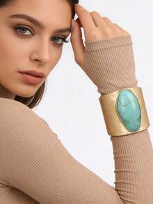 1pc Fashionable Luxury Exaggerated Outline Inlaid Oval Yellow & Green Resin Bangle Bracelet, Gift For Girlfriend, Wife, Friend - Resin Inlay - View 3