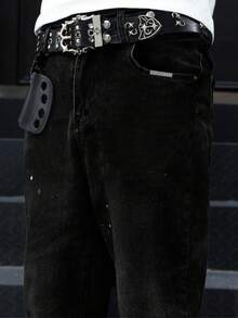 男士斜插口袋弹力修身做旧水洗牛仔裤，时尚百搭 - 黑色 - 查看 8