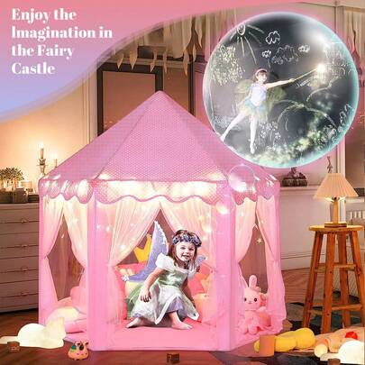 Large Hexagon Princess Tent For Girls & Boys With LED Star Lights, 55 X 53 Inches Kids Castle Playhouse For Indoor & Outdoor Games, Foldable Mesh Fairy Tent As Birthday & Christmas Gift Toy For Ages 3+