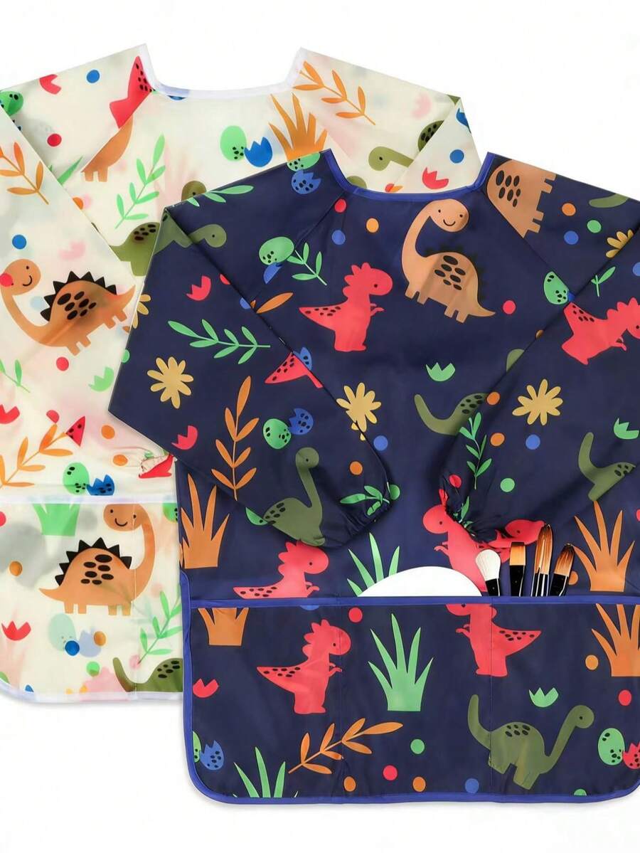 1 pieza Delantal impermeable con diseño de dinosaurio, diseño de manga larga con 3 bolsillos, adecuado para niños de 3 a 8 años, delantal de limpieza - A - Ver 1