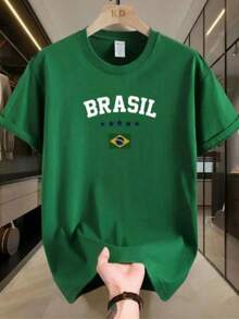 Men's Comfortable Plain T-Shirt, Yellow, Brazil Stars - 100% Cotton, Comfortable, Special - 綠色 - 查看 1