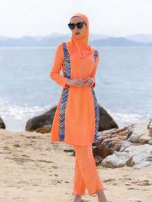 中东风情三件套：长袖上衣、长裤和带帽保守泳衣，适合夏季海滩穿着 - 橘色 - 查看 3