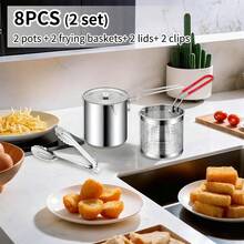 8pcs/ 2Set Small Stainless Steel Deep Fryer Pot With Fry Basket, Multifunctional Deep Fryer With Lid&Clips, Stock Pot, Stove Top Cooking Pot Deep Fryer With Basket For Cooking Chicken Wings, Seafood - A - View 6