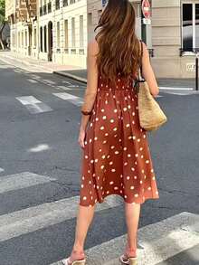 Women's Summer Vintage Polka Dot Halter Neck Midi Dress, Sleeveless Casual Daily Vacation Beach Dress Party Elegant - Brown - View 6