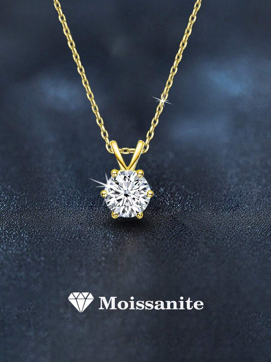 1pc Minimalist Fashion 925 Sterling Silver 1 Carat Moissanite Yellow Gold Color Necklace, Suitable For Women Everyday Wear, Party, Mother's Day, Birthday, Wedding, Anniversary Jewelry Gift - Yellow Gold - View 1