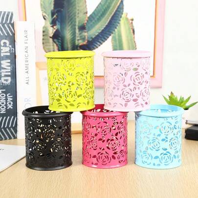 1pc Metal Hollow Rose Design Pen Holder, Suitable For Storing Pencils And Other Stationery, Great For Students, Teachers, And Office Desk Gifts