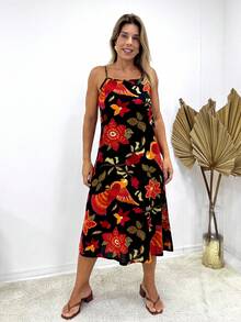 Printed Viscose Midi Dress With Square Neckline And Thin Straps - 黑/橙色 - 查看 1