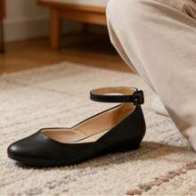 女士芭蕾舞平底鞋，低坡跟圆头踝带舒适休闲平底鞋 - 黑色 - 查看 6