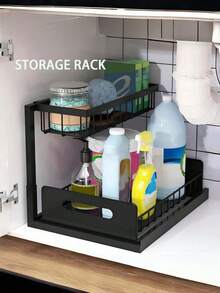 Pull-Out Under Sink Storage Rack, Double-Layer Sliding Organizer Rack, Multi-Functional Under Sink Storage Rack Suitable For Kitchen And Bathroom, Space-Saving, Expandable Design, Easy To Clean, Applicable To Bathroom/Kitchen/Laundry Room, Tidy Home, Color: Black - Multicolor - View 3