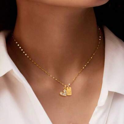 1 pièce Pendentif à initiale en forme de cœur rectangle, collier classique avec chaîne en acier inoxydable pour femmes