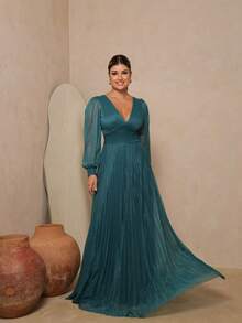 Elegant Women's Long Dress With Long Sleeves And Pleats, Suitable For Bridesmaids, Bridesmaids, Mothers Of The Bride, Groomsmen, Weddings, Graduations, And Evangelical Fashion. - 石油綠 - 查看 1
