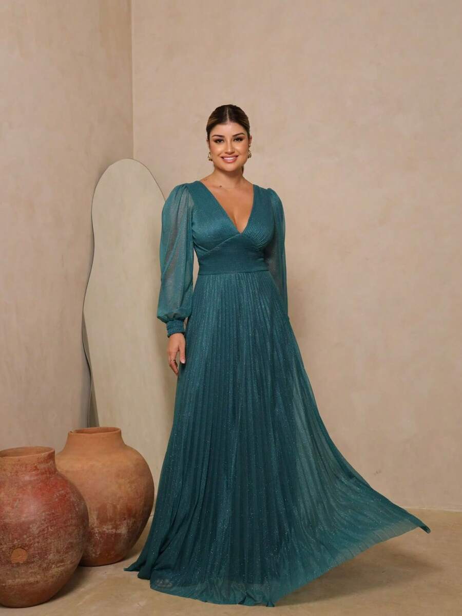 Elegant Women's Long Dress With Long Sleeves And Pleats, Suitable For Bridesmaids, Bridesmaids, Mothers Of The Bride, Groomsmen, Weddings, Graduations, And Evangelical Fashion. - 石油綠 - 查看 1