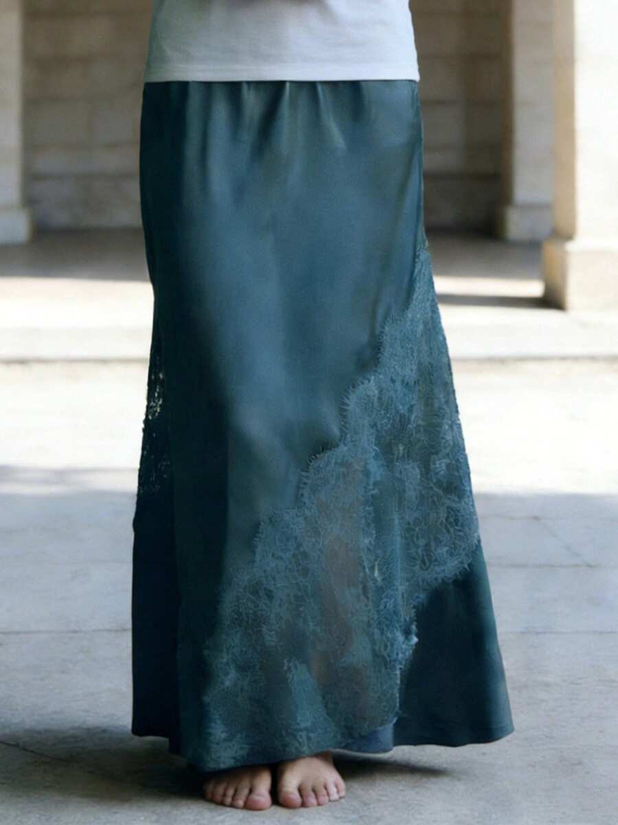 Women's Long Skirt Casual Lace Patchwork Solid Color Stylish Mid Rise Skirt For Spring And Summer - Peacock Blue - View 1