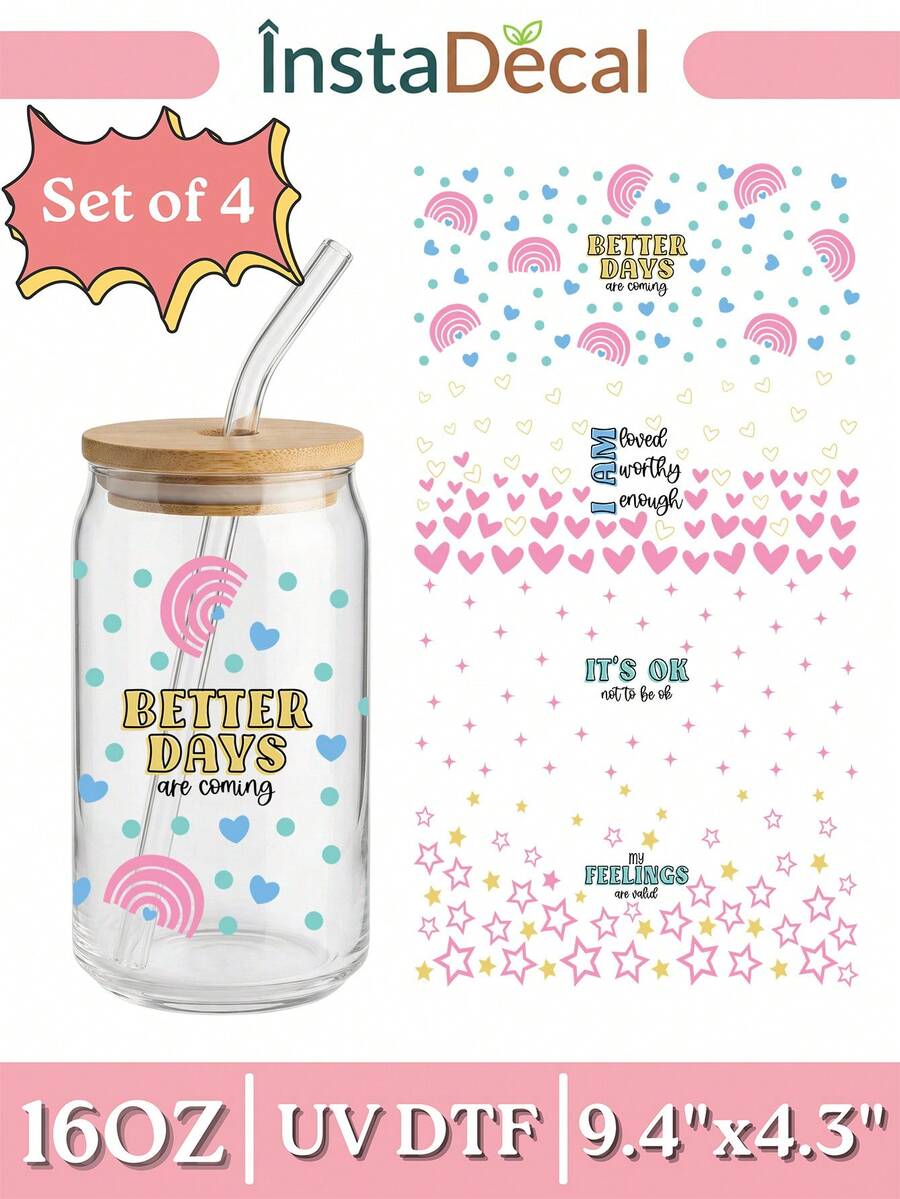 4张/套 心理健康主题UV DTF转印贴纸，适用于16盎司利比玻璃杯（9.4x4.3英寸），包含自我关爱、积极肯定语等防水图案，无需加热即可使用，是送给治疗师的励志礼物。 - Mental Health 04 - 查看 1