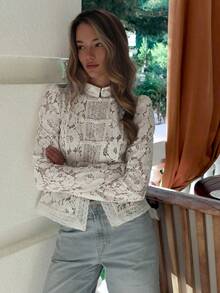 Awevudst Women Long Sleeve Lace Floral Mandarin Collar Guipure Split Blouse Top Sheer Mesh See Through Puff Sleeve Button Down Shirts Slim Fit Elegant Summer Sheer Mesh Tops Party Clubwear Beachwear - 白色 - 查看 3