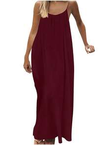 Women's Open Back Spaghetti Strap Beach Maxi Dress Loose Flowy Vacation Sundress - 酒紅色 - 查看 3
