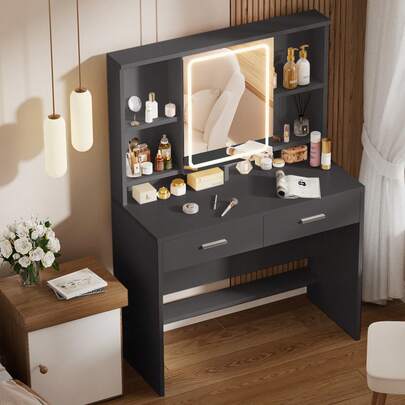 Devoko GUNJI Large Dressing Table With Mirror, White Dressing Table With LED Lighting, 3 Brightness Levels Adjustable, Dressing Table With Drawers, Open Shelves