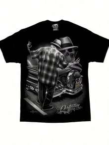 Men's T-Shirt With Vintage Lowrider Art - Comfortable Short-Sleeve Cotton Crew Neck T-Shirt With "Perfection Homies" Design, 180g, Black Retro Graphic Style For All Seasons, Casual Wear - 黑色 - 查看 1