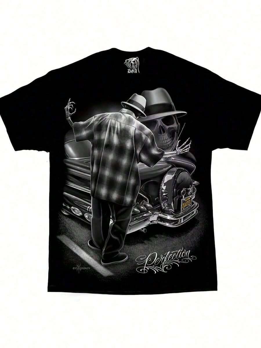 Men's T-Shirt With Vintage Lowrider Art - Comfortable Short-Sleeve Cotton Crew Neck T-Shirt With "Perfection Homies" Design, 180g, Black Retro Graphic Style For All Seasons, Casual Wear - 黑色 - 查看 1
