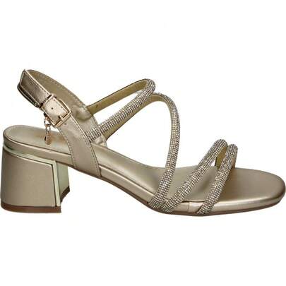  XTI | Sandały damskie na obcasie XTI – Złote, brokatowe sandały imprezowe – Sandały z klamrą – Wygodne sandały na wysokim obcasie na ceremonię – Sandały na platformie – Wegańskie – Eleganckie – Sandały ślubne – Model 145260