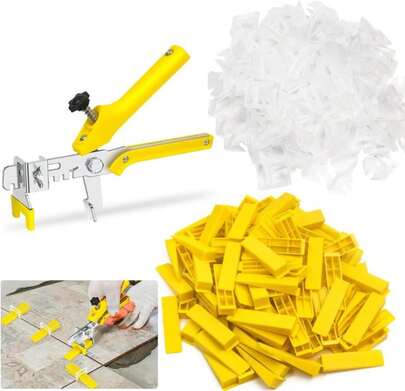 Tile Leveling System 1/8u201dKit, 600pcs Tile Leveler Spacers Clips+200pcs Reusable Wedges+1pc Tile Pliers For Wall/Floor Tile Adjustment, Tile Leveler Tool Set For Tile &Amp; Stone Installation(1/8",Yellow)