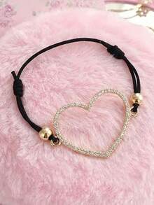 1 pieza Pulsera trenzada con colgante de corazón dulce, brazalete de cristal con tono dorado de moda, joya de como regalo para ella - Negro - Ver 3