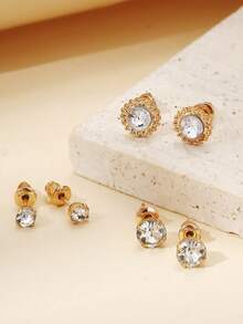 3对女士钻石耳钉套装，时尚创意气质 - 彩色 - 查看 4