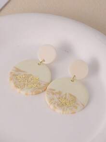 1 Pair Handmade Soft Clay Material Beige Gold Foil Double Circle Earrings, Minimalist Elegant Design, Suitable For Daily Wear, Parties, Vacations, Also Makes A Great Gift - White - View 1