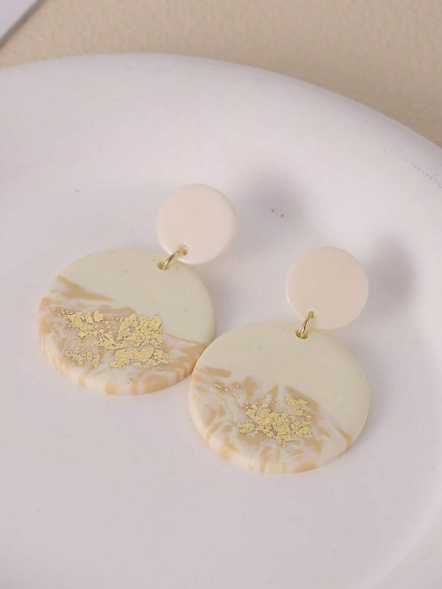 1 Pair Handmade Soft Clay Material Beige Gold Foil Double Circle Earrings, Minimalist Elegant Design, Suitable For Daily Wear, Parties, Vacations, Also Makes A Great Gift - White - View 1