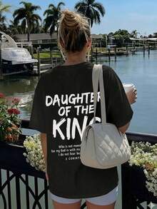 女士夏季圆领短袖T恤，印有“King's Daughter”和“Faith”英文字母，适合办公室、日常、约会、派对、街头、嘉年华、音乐节、情人节等场合穿着。性感宽松上衣 - 黑色 - 查看 7